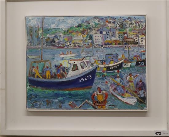Linda Weir (1949-) Men coming home, St Ives Harbour, June 08 36 x 46cm.
